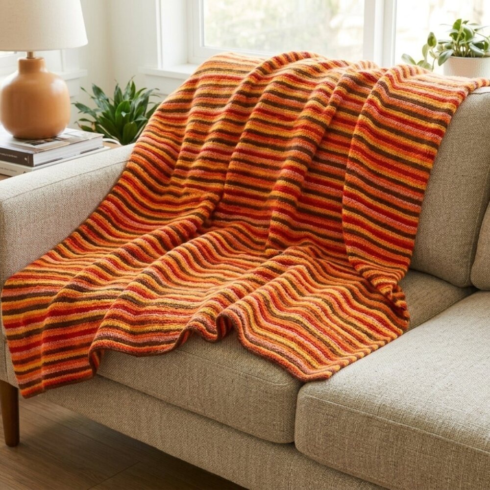 Vintage Handmade Crochet Striped Throw Blanket Retro Orange Yellow Brown Afghan